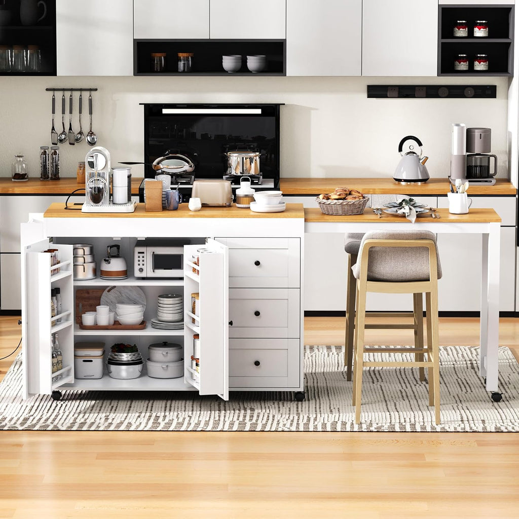 RUNNA Kitchen Island with Extendable Dining Table, Kitchen Storage Cart with 3 Drawers, Power Outlet, Rolling Kitchen Island on Wheels with Spice Rack and 2 Door Cabinet,for Kitchen (White@01)