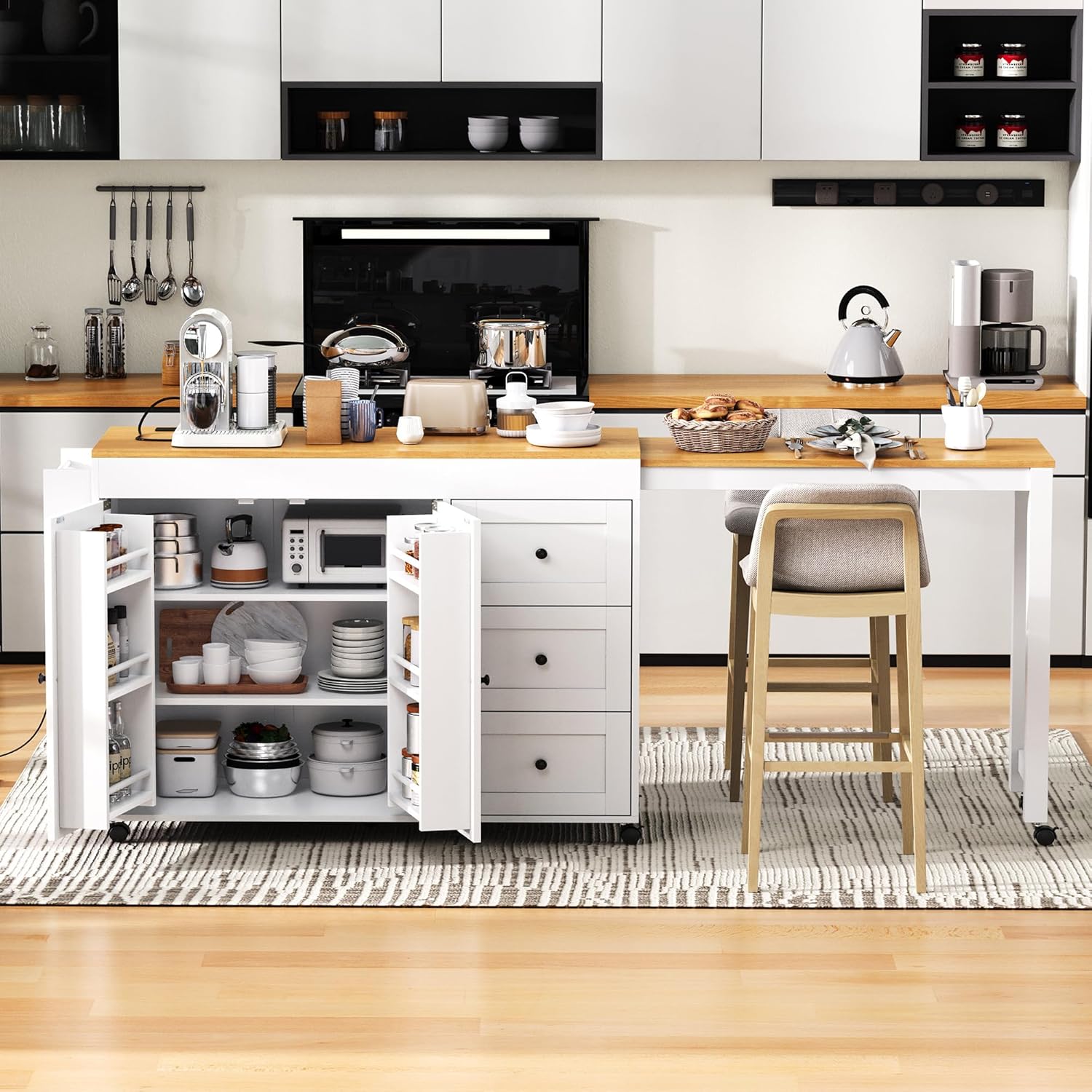 RUNNA Kitchen Island with Extendable Dining Table, Kitchen Storage Cart with 3 Drawers, Power Outlet, Rolling Kitchen Island on Wheels with Spice Rack and 2 Door Cabinet,for Kitchen (White@01)