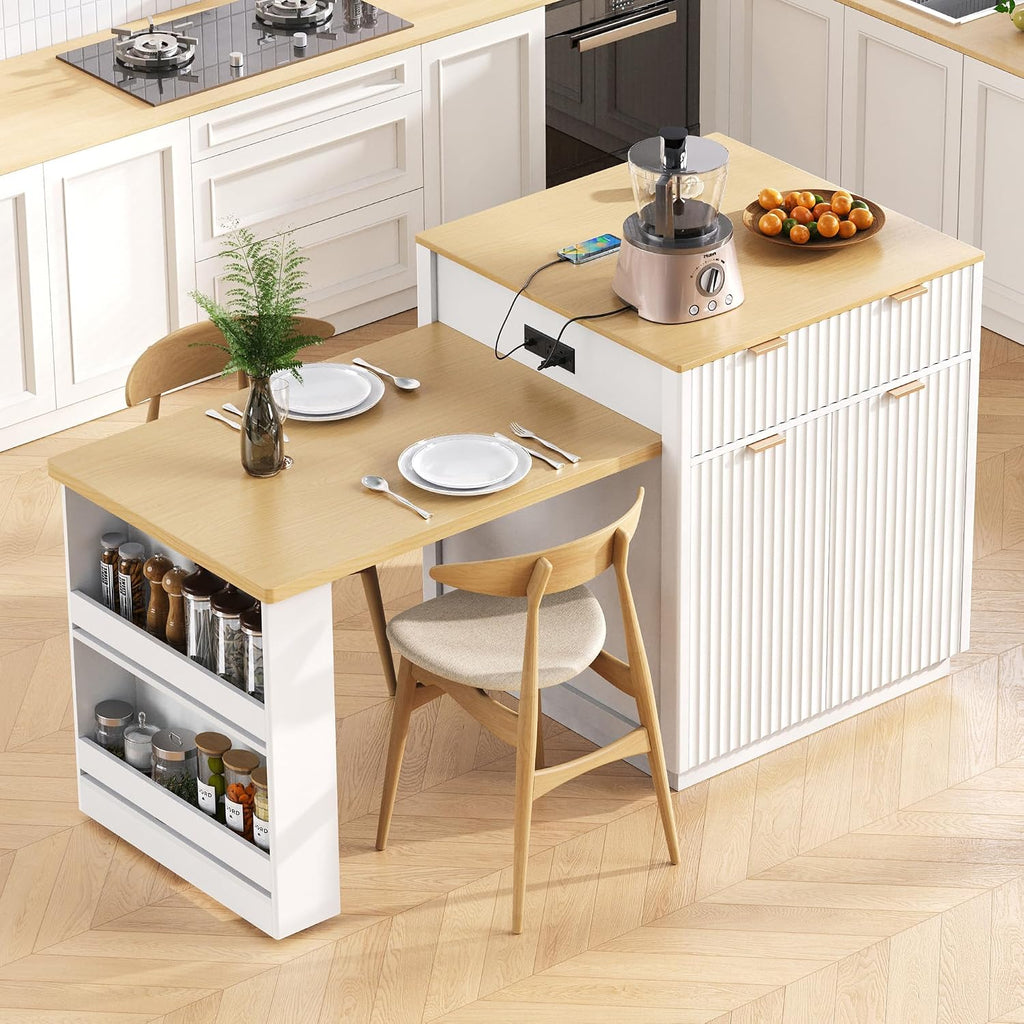 RUNNA 82.6' Fluted Kitchen Island with Extendable Dining Table for 4-6,Island Table for Kitchen with Power Outlet, Kitchen Table with Double-Side Storage, 2 Drawers 2 Side Open Shelves (White#18)