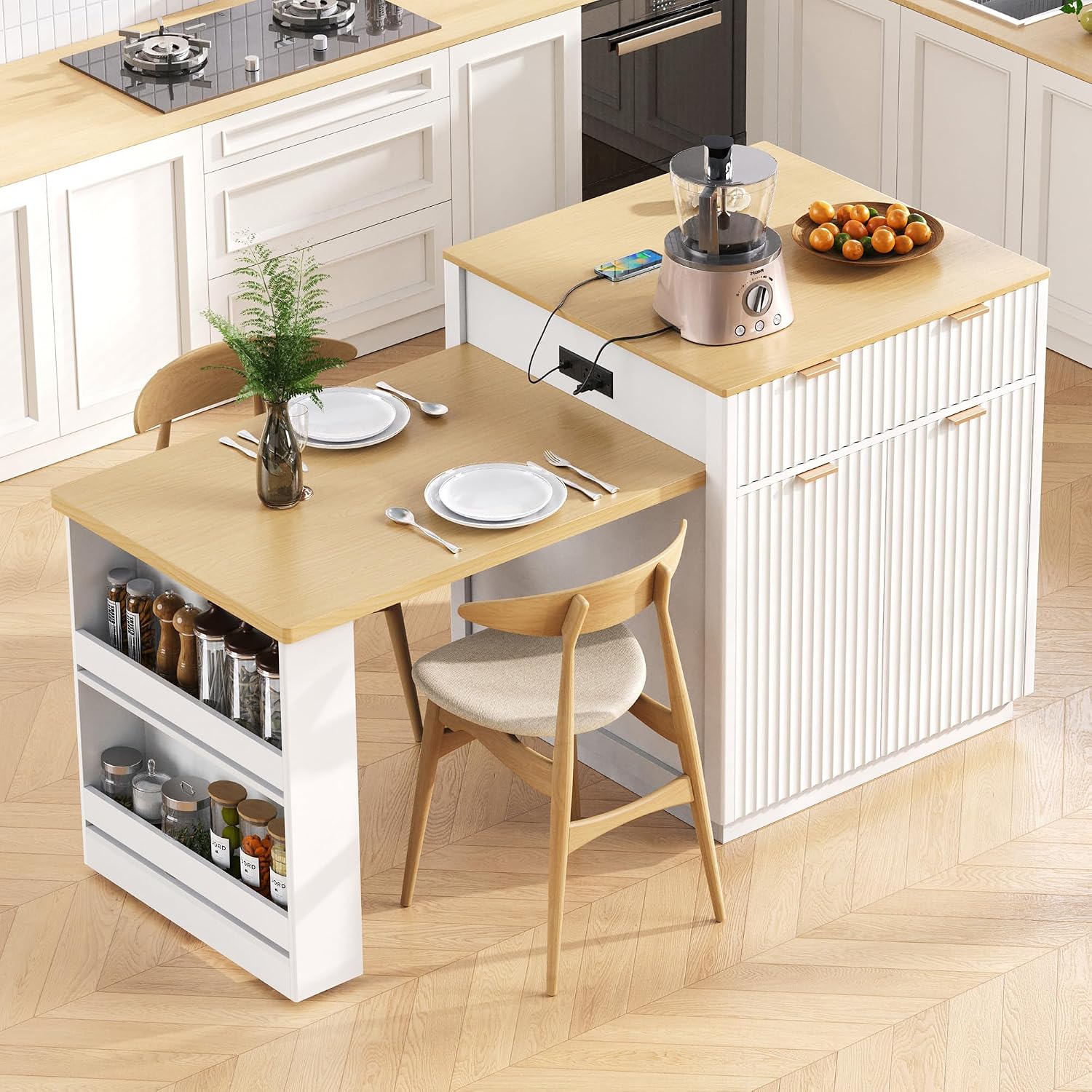 RUNNA 82.6' Fluted Kitchen Island with Extendable Dining Table for 4-6,Island Table for Kitchen with Power Outlet, Kitchen Table with Double-Side Storage, 2 Drawers 2 Side Open Shelves (White#18)