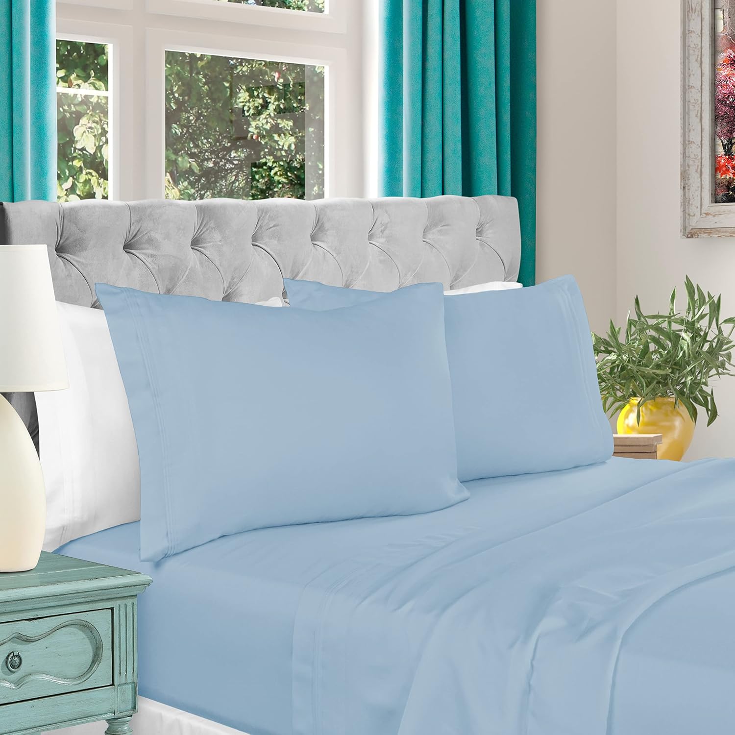 Superior Egyptian Cotton 4 Piece Sheet Set, Luxury 1000 Thread Count, Eco-Friendly, Sustainable Sheets, Ultra-Soft Basics, Solid, Deep Pocket Fitted Sheet, Flat Sheet, Pillowcases, Queen, Light Blue