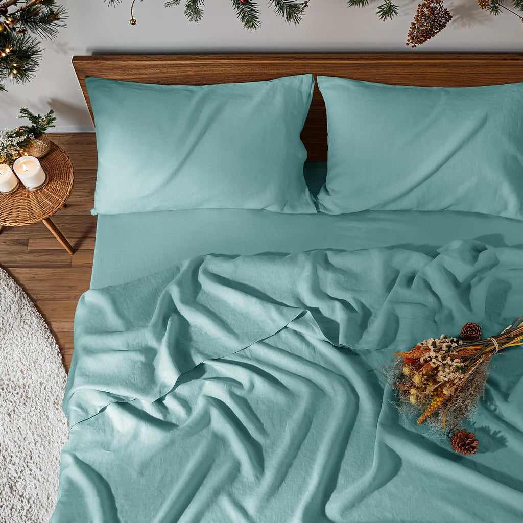 100% Pure Linen Sheet Set for Hot Sleepers, Breathable Natural Linen Sheets 4pcs, Bedding Set Deep Pocket Up to 16' Moisture-Wicking, Softens with Every Wash (Aqua Full)