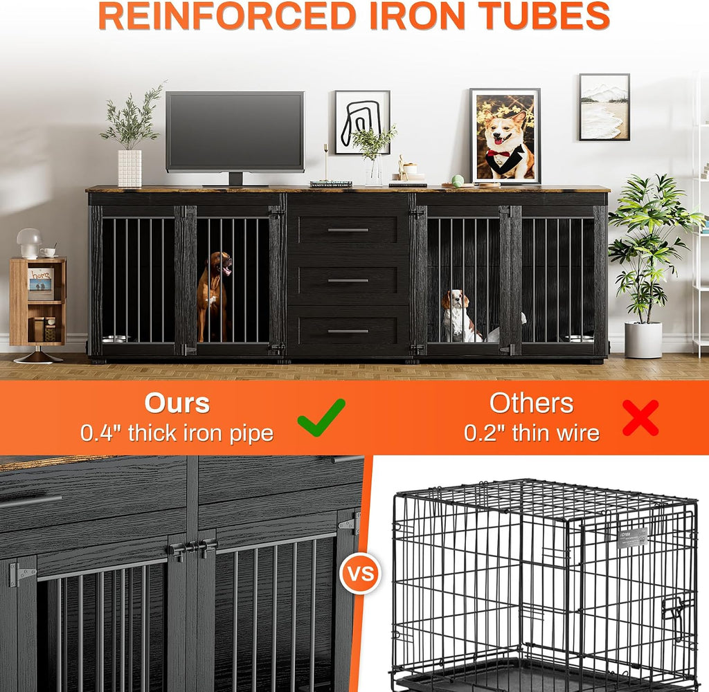 Rophefx 94.5' Dog Crate Furniture for 2 Dogs, Large Dog Kennel Furniture with 3 Storage Drawer, Wooden Dog Cage with 4 Bowls, Indoor Dog House TV Stand with Locks for Large Medium Dog, Black