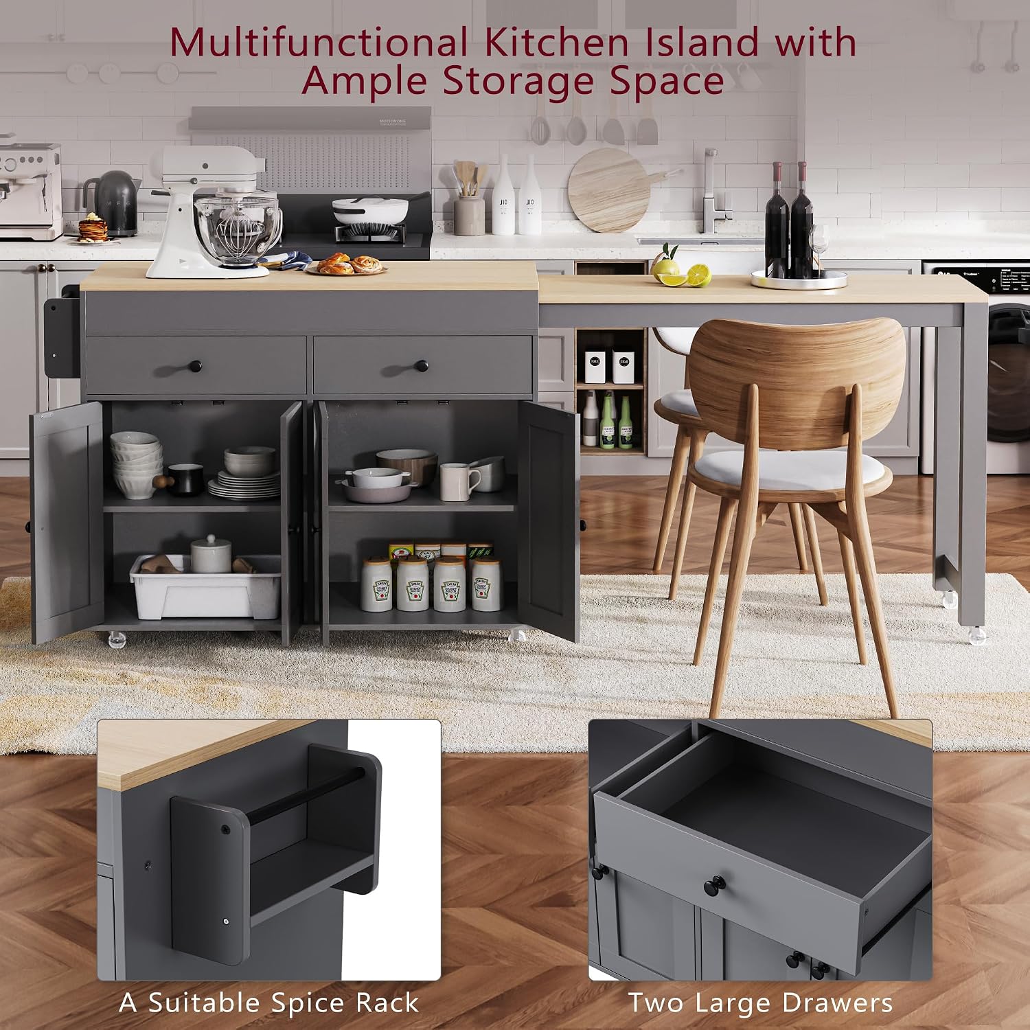 RUNNA 74.5 inch Modern Grey Kitchen Island with Extendable Dining Table, Rolling Storage Cart with 4 Door Cabinet, Spice Rack, 2 Drawers, for Kitchen, Dining Room