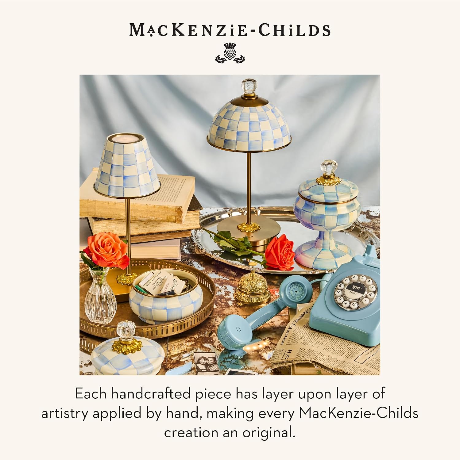 MACKENZIE-CHILDS Candlestick Lamp, Decorative Lamp for Living Room or Bedroom, Light-Blue-and-White Sky Check