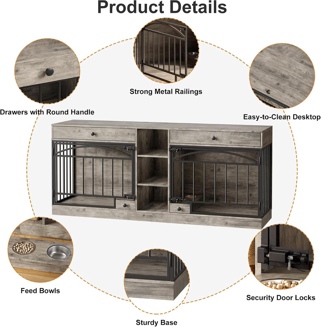 Garvee Dog Crate Furniture for 2 Dogs, Dog Kennel Indoor with Storage and Feeding Bowls, Double Dog Crate TV Stand for Small Medium Dogs, Grey