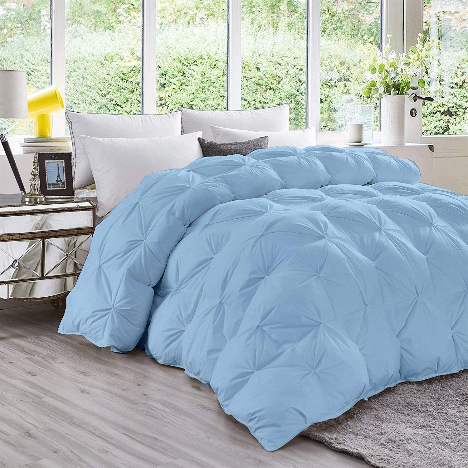 Light Blue Solid Light Weight Pinch Pleated Down Comforter- Oversized Queen Size 98 x 98 Inches 1 Piece All-Season Duvet Insert, 500 GSM With Corner Tabs 100% Egyptian Cotton- ( Light Blue Solid )