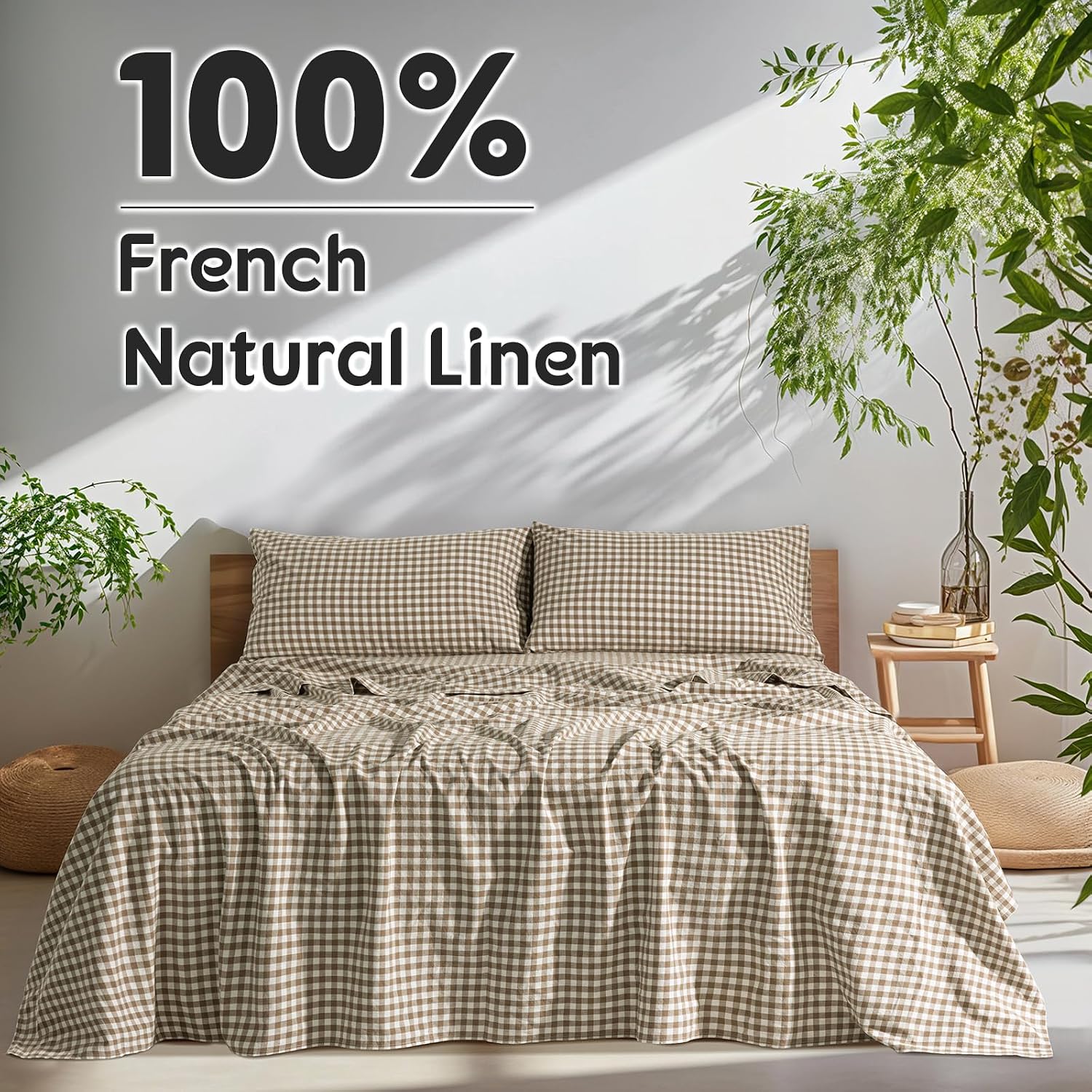 SONORO KATE 100% French Pure Linen Sheets, Breathable and Durable Linen Queen Size Sheets, Anti-Tear Linen Bed Sheets, Machine Washable, 16 Inch Deep Pocket - 4 Piece (Brown & White Plaid)