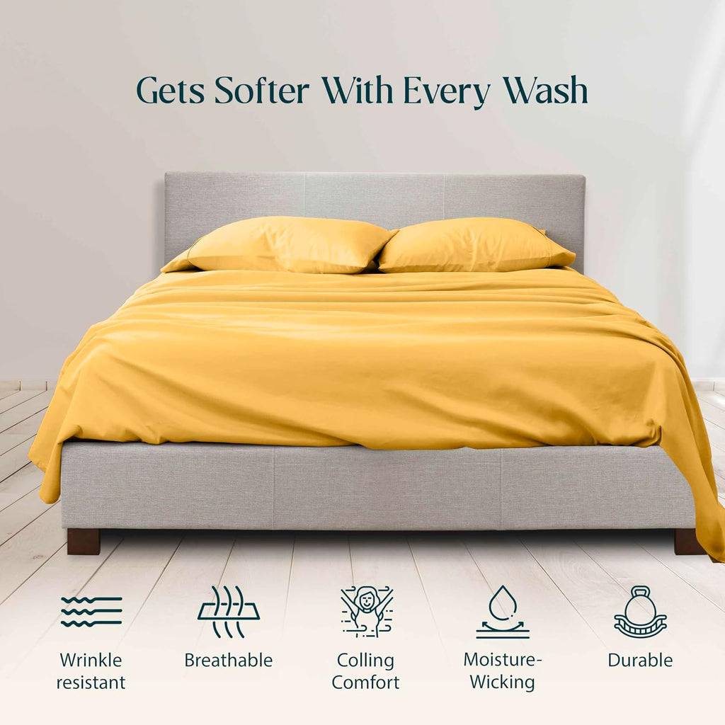 Luxury 1800 Thread Count Heavy Egyptian Cotton 4-PCs Sheet Set Fits Mattress 21-24'' Fully Elastic Deep Pocket (Queen Size) (Solid, Gold)