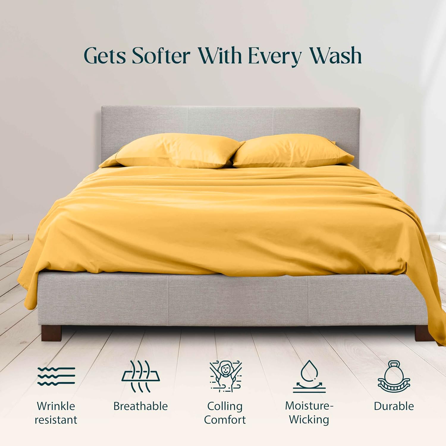 Luxury 1800 Thread Count Heavy Egyptian Cotton 4-PCs Sheet Set Fits Mattress 21-24'' Fully Elastic Deep Pocket (Queen Size) (Solid, Gold)
