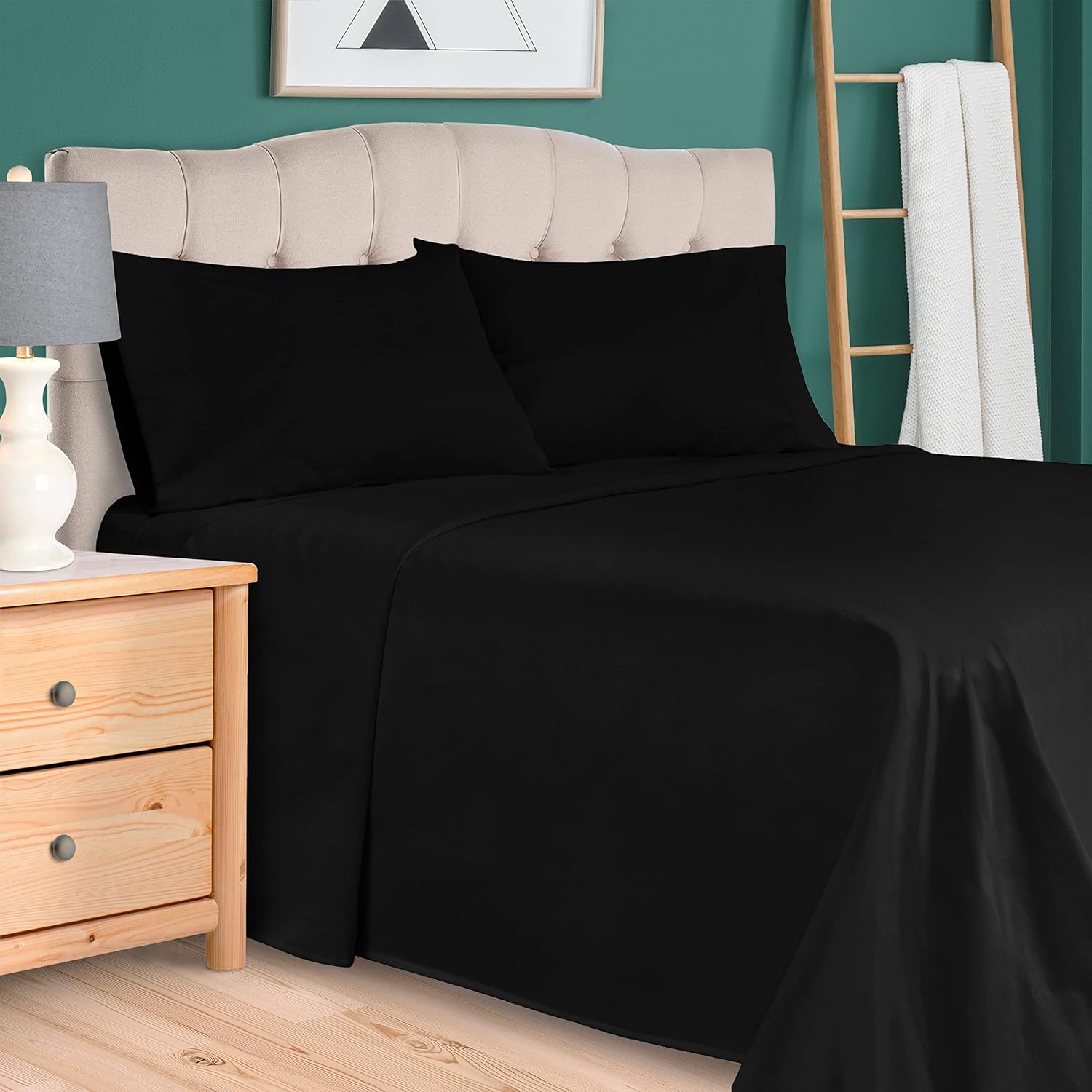 Superior 300 Thread Count Egyptian Cotton Sheet Set, 2 Fitted Sheets, Flat Sheet, 2 Pillowcases, Split King, Black