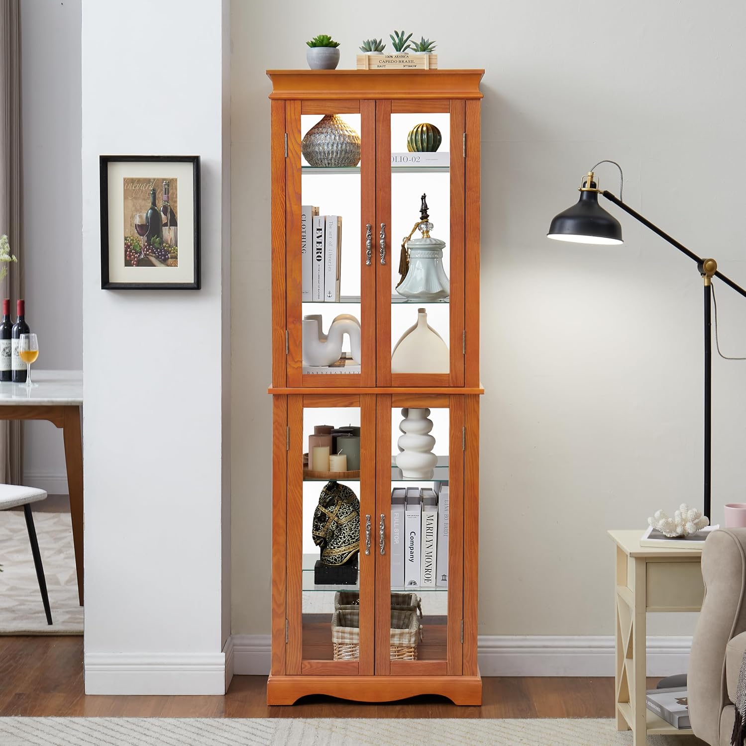 70' H Lighted Curio Cabinet Display Case, Glass Curio Cabinets with Adjustable Shelves and Tempered Glass Door, Wooden Cabinet w/Mirrored Back Pane for Living Room (Oak)