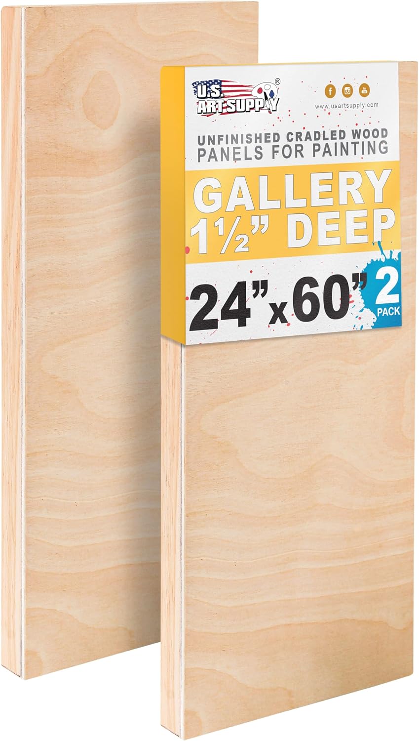 U.S. Art Supply 24' x 60' Unfinished Cradled Wood Panels for Painting, Gallery 1-1/2' Deep (2 Pack) - Artist Depth Wooden Wall Canvases - Mixed-Media Craft, Acrylic, Oil, Encaustic, Paint Pouring