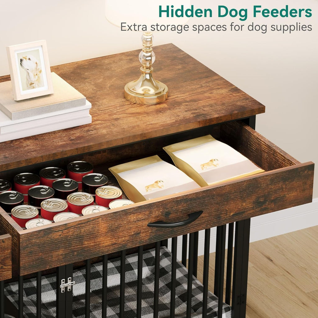 DWVO Double Dog Crate TV Stand with Dog Feeder, 74.8' Wooden Large Dog Kennel with Storage, Double Dog Crate Furniture for 2 Small Medium Dogs, Brown