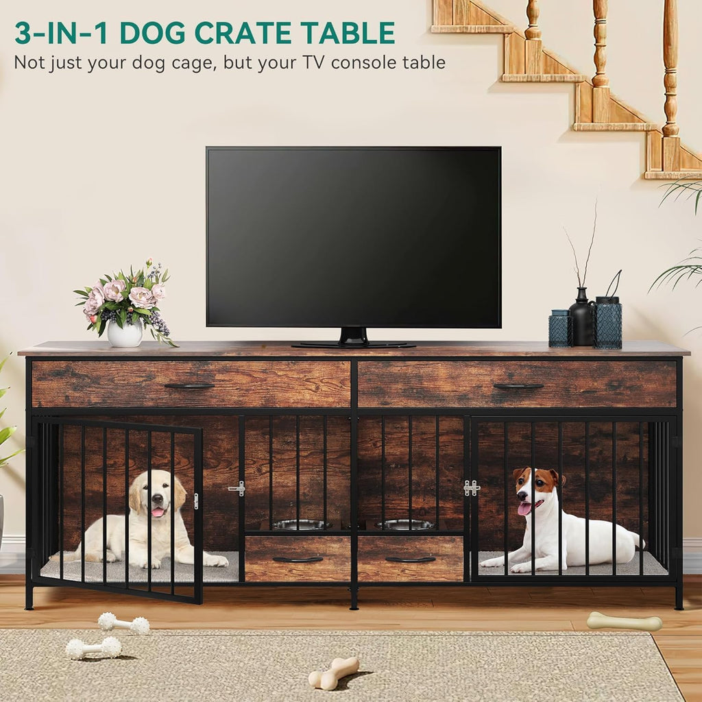 DWVO Double Dog Crate TV Stand with Dog Feeder, 74.8' Wooden Large Dog Kennel with Storage, Double Dog Crate Furniture for 2 Small Medium Dogs, Brown