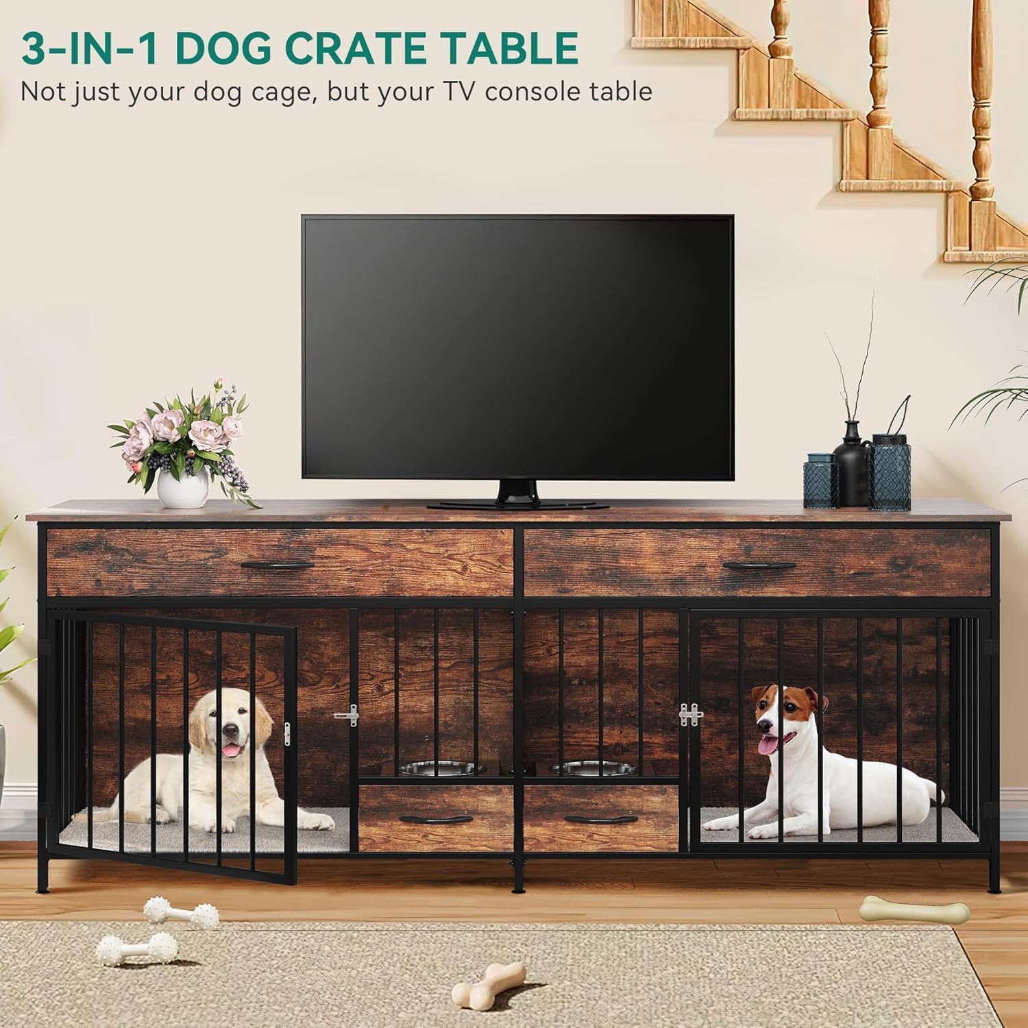 DWVO Double Dog Crate TV Stand with Dog Feeder, 74.8' Wooden Large Dog Kennel with Storage, Double Dog Crate Furniture for 2 Small Medium Dogs, Brown
