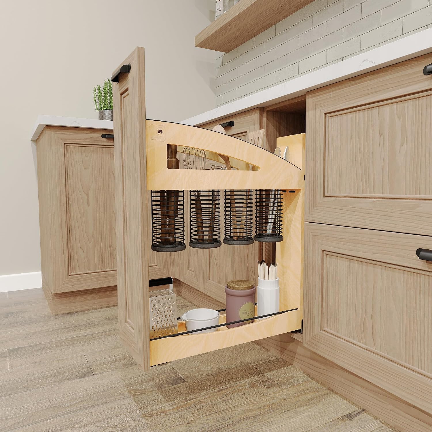 Rev-A-Shelf 5' Craftsman Collection Solid Maple Utensil Pullout Organizer w/Black Accents and BLUM Soft-Close Slides for 9' Base Cabinets