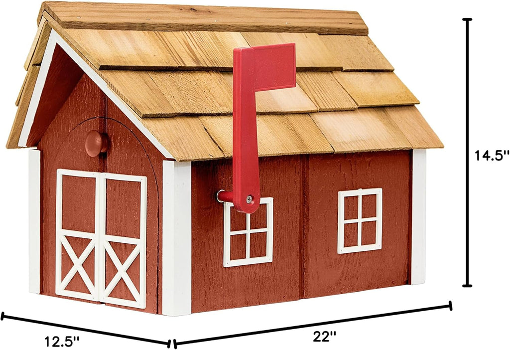 Amish-Made Deluxe Post Mount Wooden Mailbox with Cedar Shingles (Red with White Trim)