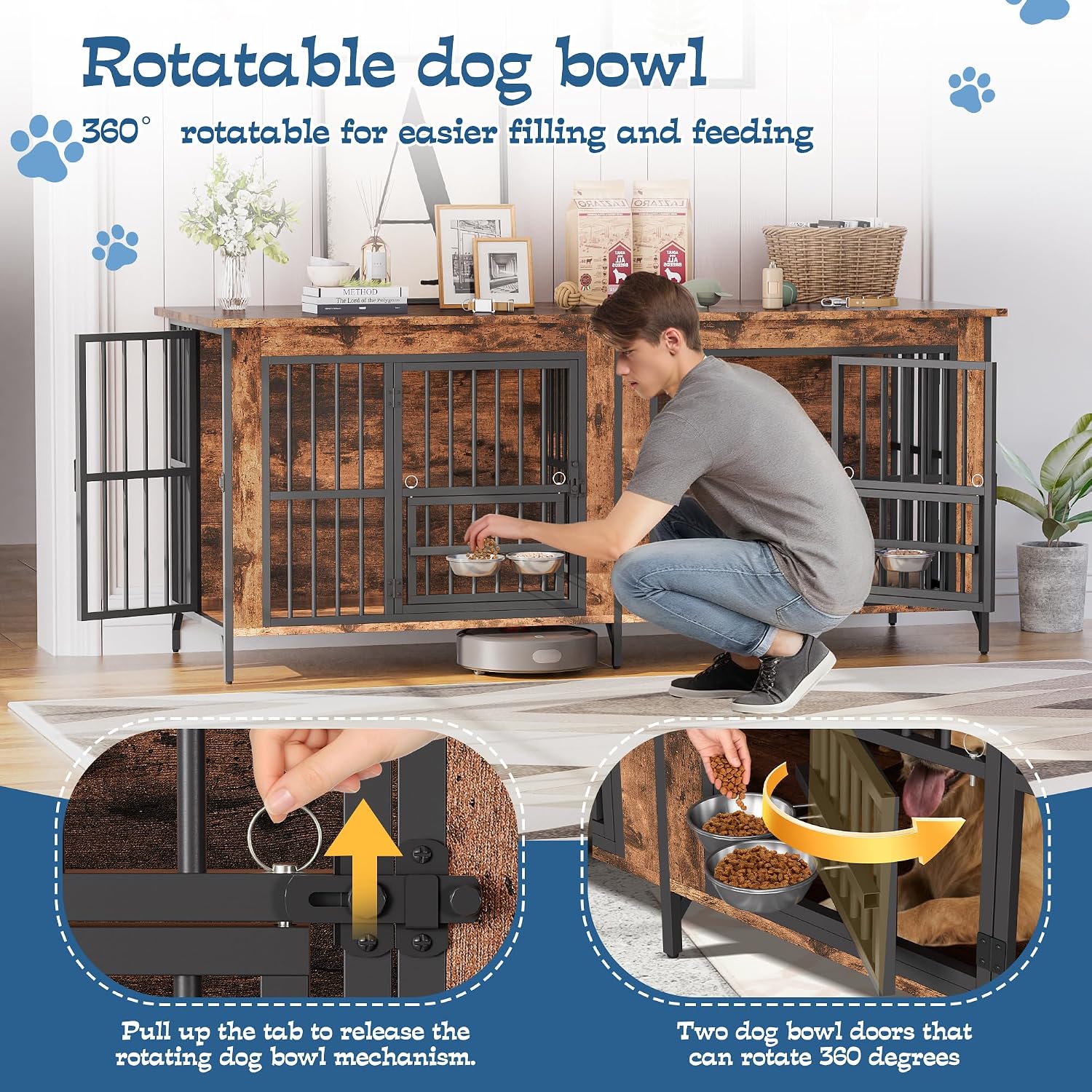 Grepatio 79' Double Dog Crate Furniture, Large Dog Kennel for 2 Dogs, Indoor Wooden Crate with Rotating Feeder Bowls and 4 Doors, Heavy Duty Dog House TV Stand with Removable Divider