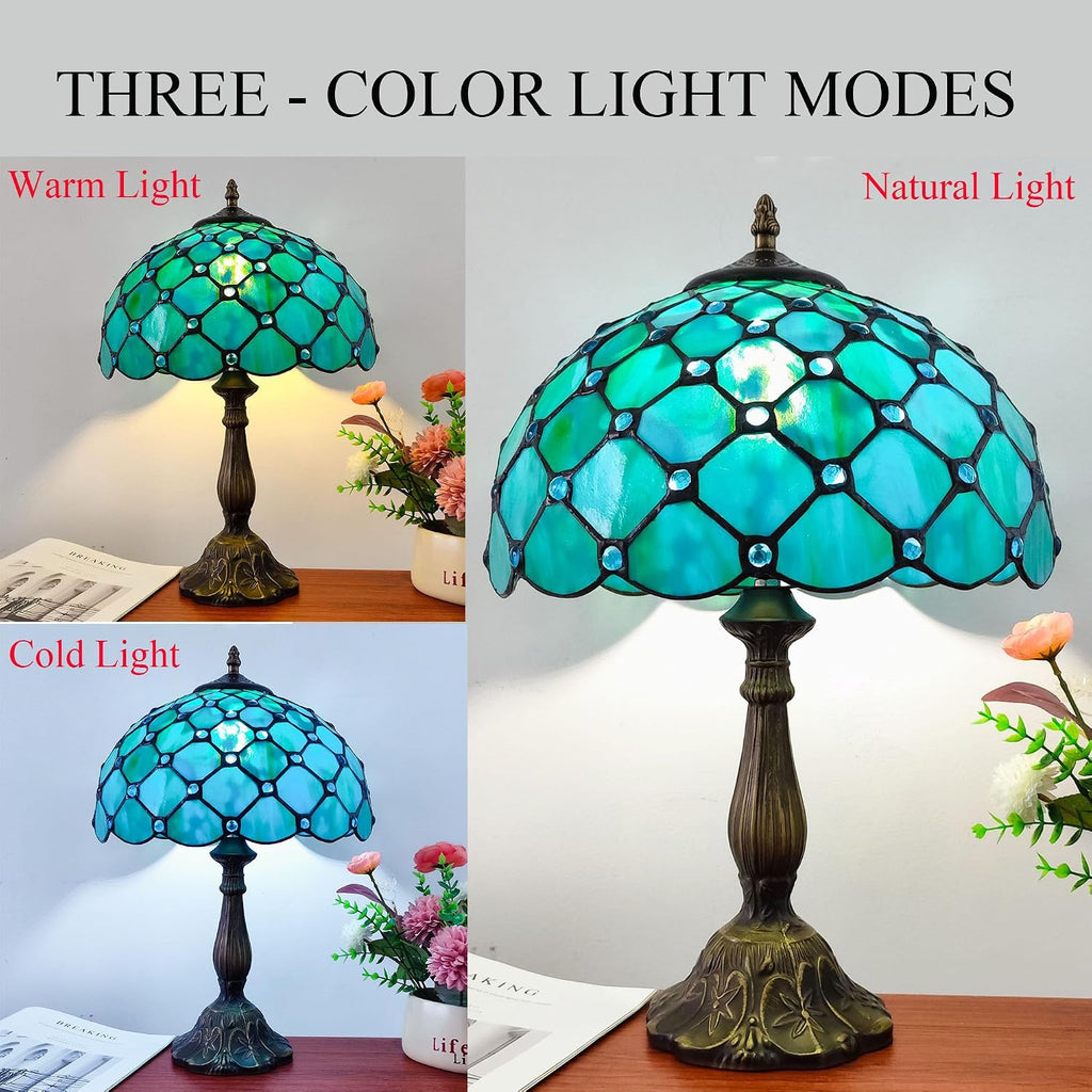 Tiffany Lamp Stained Glass Table Lamp Antique Bedside Desk Reading Light 3-Way Color LED Living Room Nightstand Light 12X12X19 Inches Home Office Desk Light