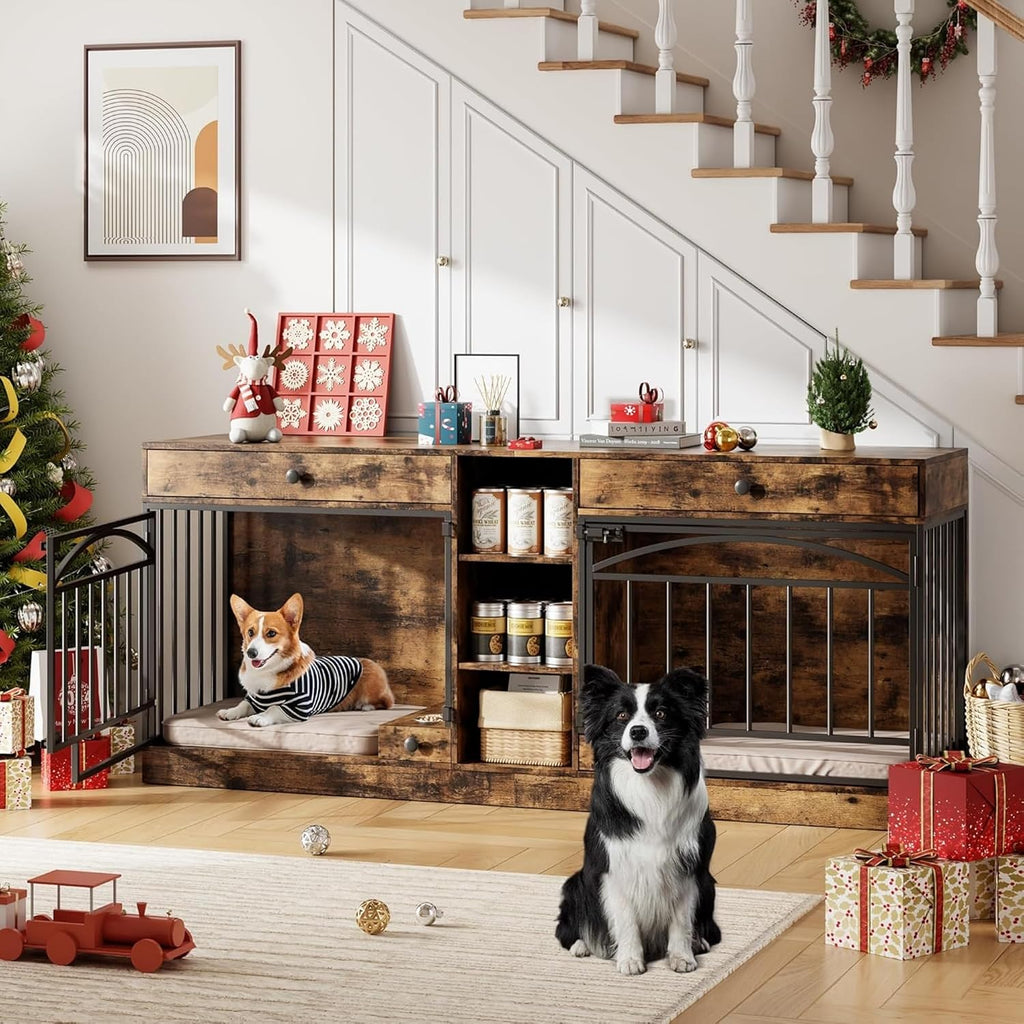GAOMON Dog Crate Furniture for 2 Dogs, 78.7'' Large Dog Kennel Indoor with 2 Storage Drawers, 3 Shelves and Feeding Bowls, Double Dog Crate TV Stand for Small and Medium Dogs, Brown