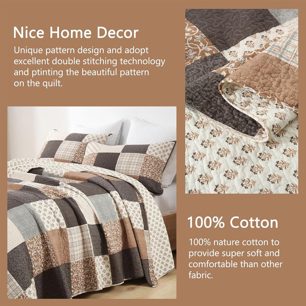 Finlonte 100% Cotton Queen Quilt Set, Farmhouse Plaid Queen Quilted Bedspread, Brown Grey Beige Lightweight Comforter Bedding Set for All Season, 3-Piece