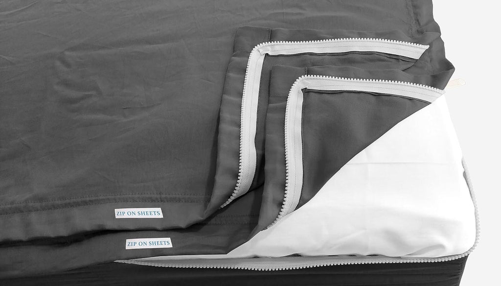 Zip On Sheets Queen Zipper Fitted Sheets 60X80 - Includes 2 Zip On Sheet & 1 Fitted Sheet Base - 8' to 16' Inch Deep Pocket Zipper Sheets - Faster & Easier Microfiber Queen Size - Dark Grey