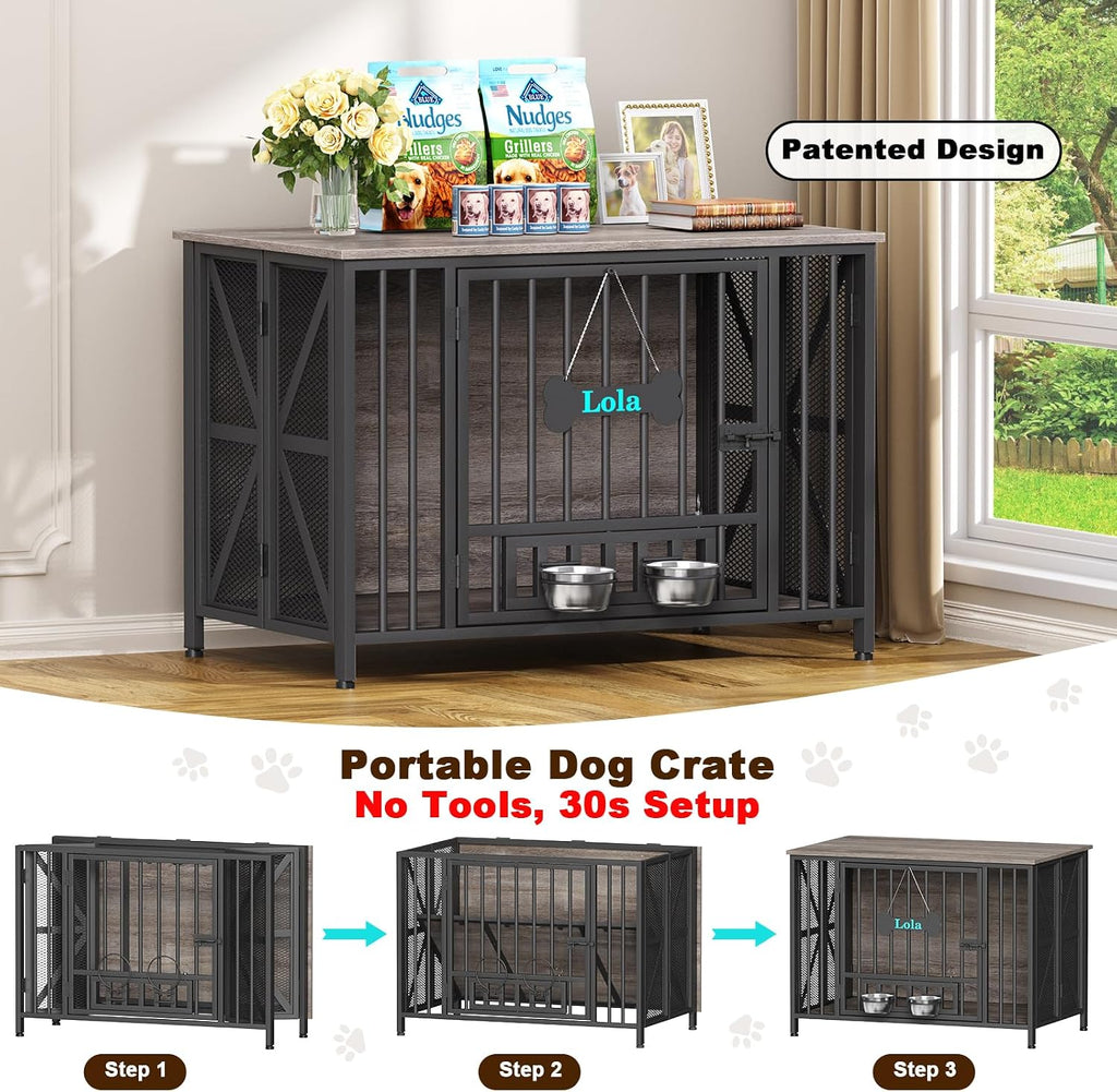 EasyCom Foldable Dog Crate Furniture, 41.3' Dog Crates for Medium/Large Dogs, Wooden Dog Kennel Indoor with Tag & Adjustable Bowls, Dog Cage Use as End Table/TV Stand, Oak Grey