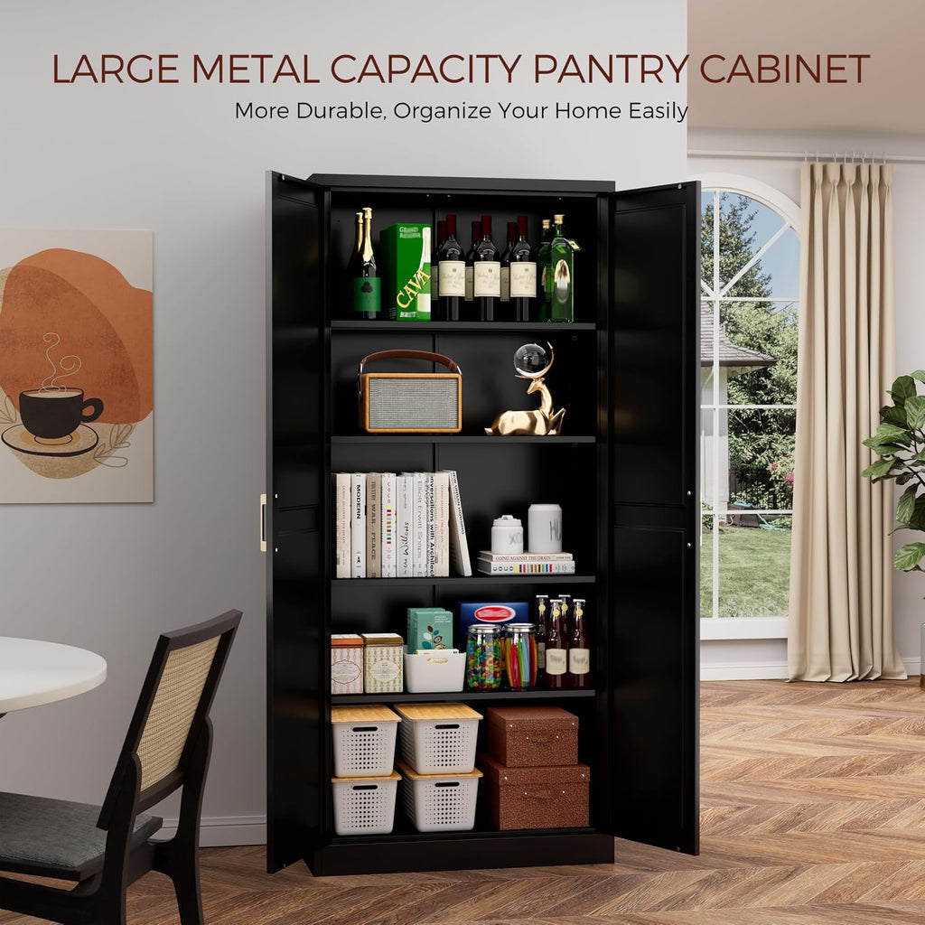 71' Tall Metal Pantry Cabinet, Black Kitchen Pantry Storage Cabinet with 4 Adjustable Shelves and Gold Handles, Cupboard for Kitchen, Dining Room, Living Room, Bathroom