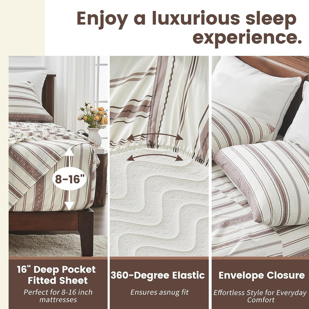 100% Linen Sheets Queen Size,Breathable & Durable 4-Piece Bed Flax Stripes Sheet Set,Soft All-Season Bedding for Hot Sleepers 16' Deep Pocket Oeko-TEX Certified,（Queen, Brown Stripes）