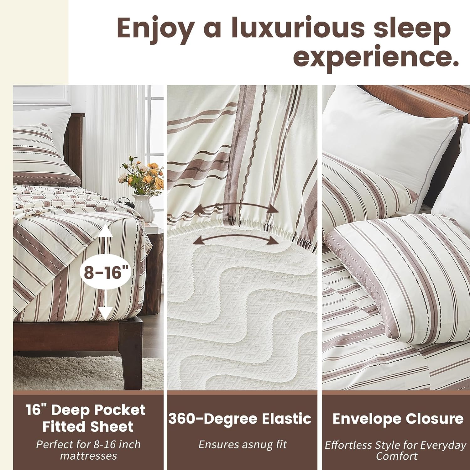 100% Linen Sheets Queen Size,Breathable & Durable 4-Piece Bed Flax Stripes Sheet Set,Soft All-Season Bedding for Hot Sleepers 16' Deep Pocket Oeko-TEX Certified,（Queen, Brown Stripes）