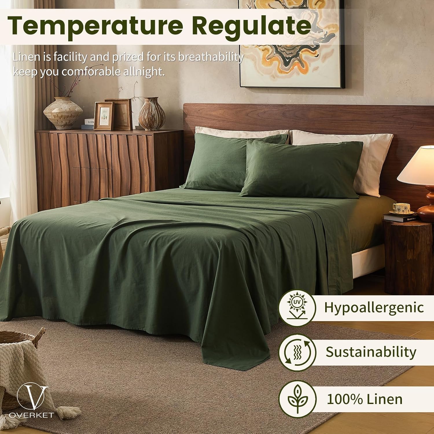 100% Linen Sheets Queen Size,Breathable & Durable 4-Piece Bed Flax Sheet Set,Soft All-Season Bedding for Hot Sleepers 16' Deep Pocket Oeko-TEX Certified,（Queen, Forest Green）