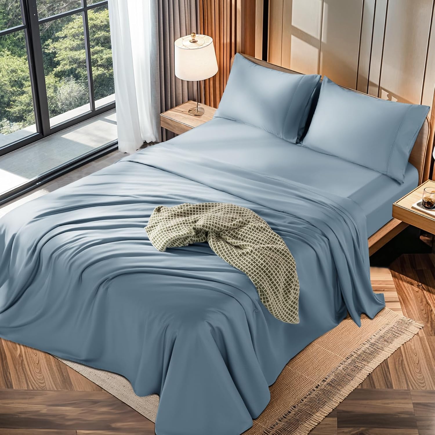 LBRO2M 100% Cotton 1200 Thread Count Queen Size Sheets Set,16 inches Deep Pocket,Bed Sheet 4 Piece Sets (Queen, French Blue)