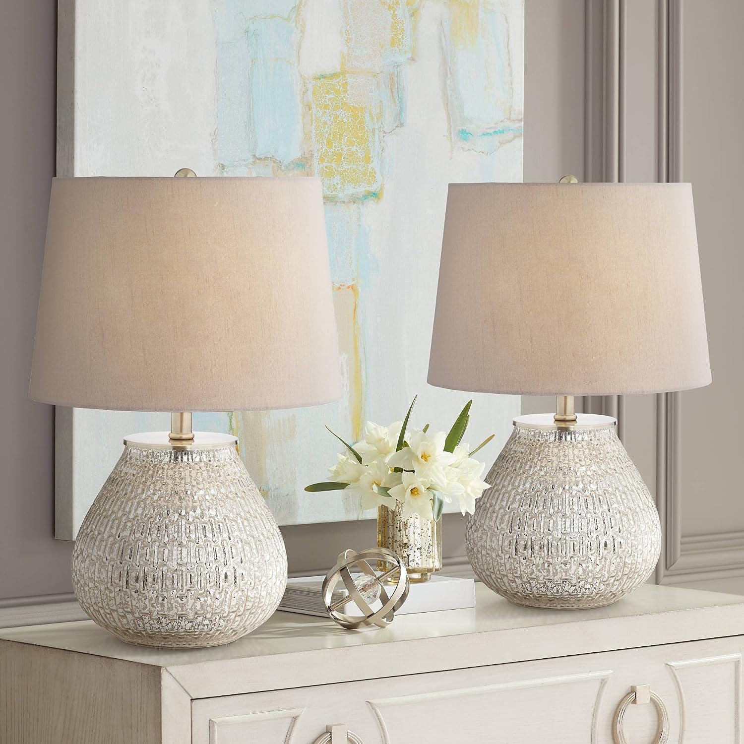 360 Lighting Zax Country Cottage Small Accent Table Lamps 19 1/2' High Set of 2 Silver Mercury Glass Teardrop Gray Fabric Drum Shade Decor for Bedroom House Bedside Nightstand Home Office
