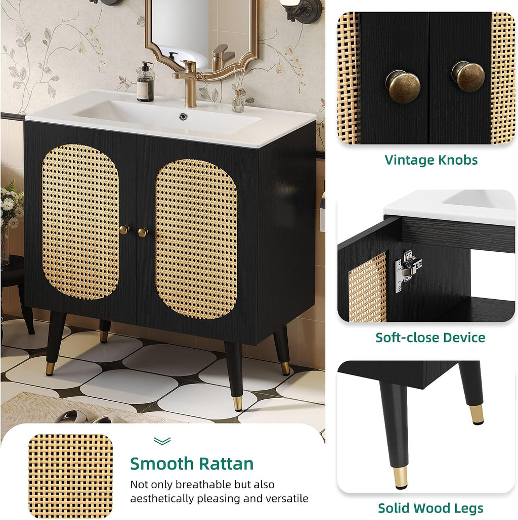 DWVO 36 Inch Rattan Vanity with Sink, Freestanding Bathroom Vanity Cabinet, Boho Style with 2 Large Soft-Closing Doors & Four-Sided Water Barrier Strip, Black
