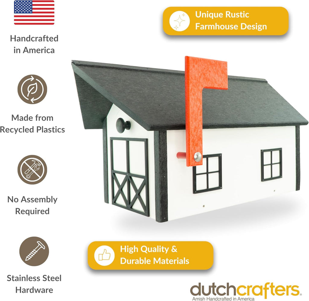DutchCrafters Large Farmhouse Mailbox, Durable Plastic Barn Mailboxes for Outside, Post Mount Mail Box with Flag, Barnhouse Style - Amish Made in America (Black and Cedar)