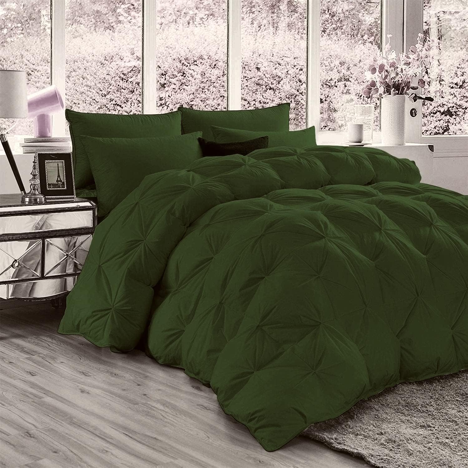Pinch Pleated Soft 400 GSM All Season Olive 5 Piece Queen Size Comforter Set (Comforter + 4 Pillowcases) 600 Series Egyptian Cotton Comforter Bedding Set