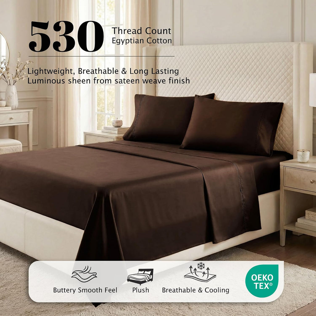 Superior Egyptian Cotton 530 Thread Count Bed Sheet Set, 1 Elastic Deep Pocket Fitted Sheet, 1 Flat Sheet, 2 Pillowcases, Soft Bedding, Luxury Sheets, Sateen Weave, Queen Size, Chocolate