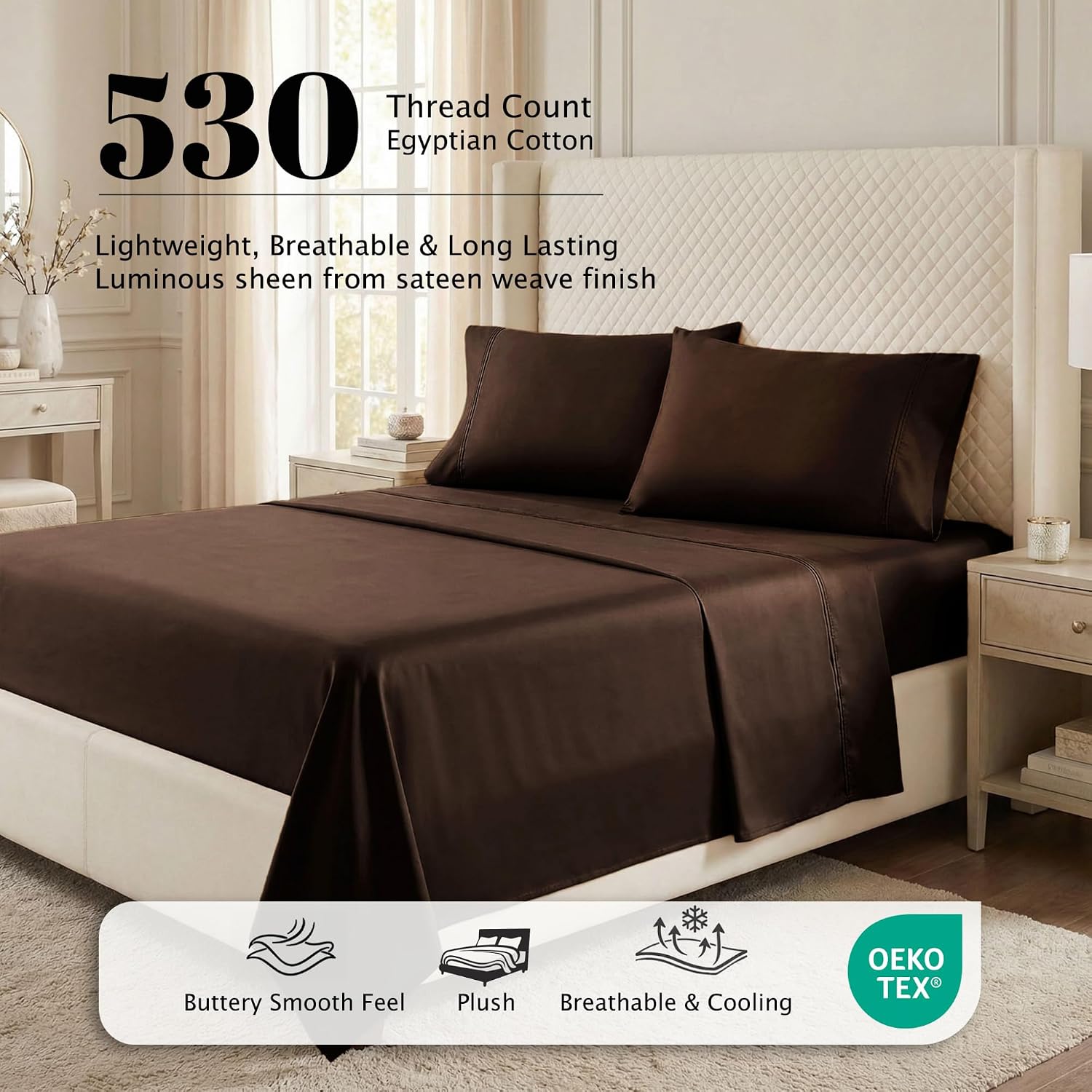 Superior Egyptian Cotton 530 Thread Count Bed Sheet Set, 1 Elastic Deep Pocket Fitted Sheet, 1 Flat Sheet, 2 Pillowcases, Soft Bedding, Luxury Sheets, Sateen Weave, Queen Size, Chocolate