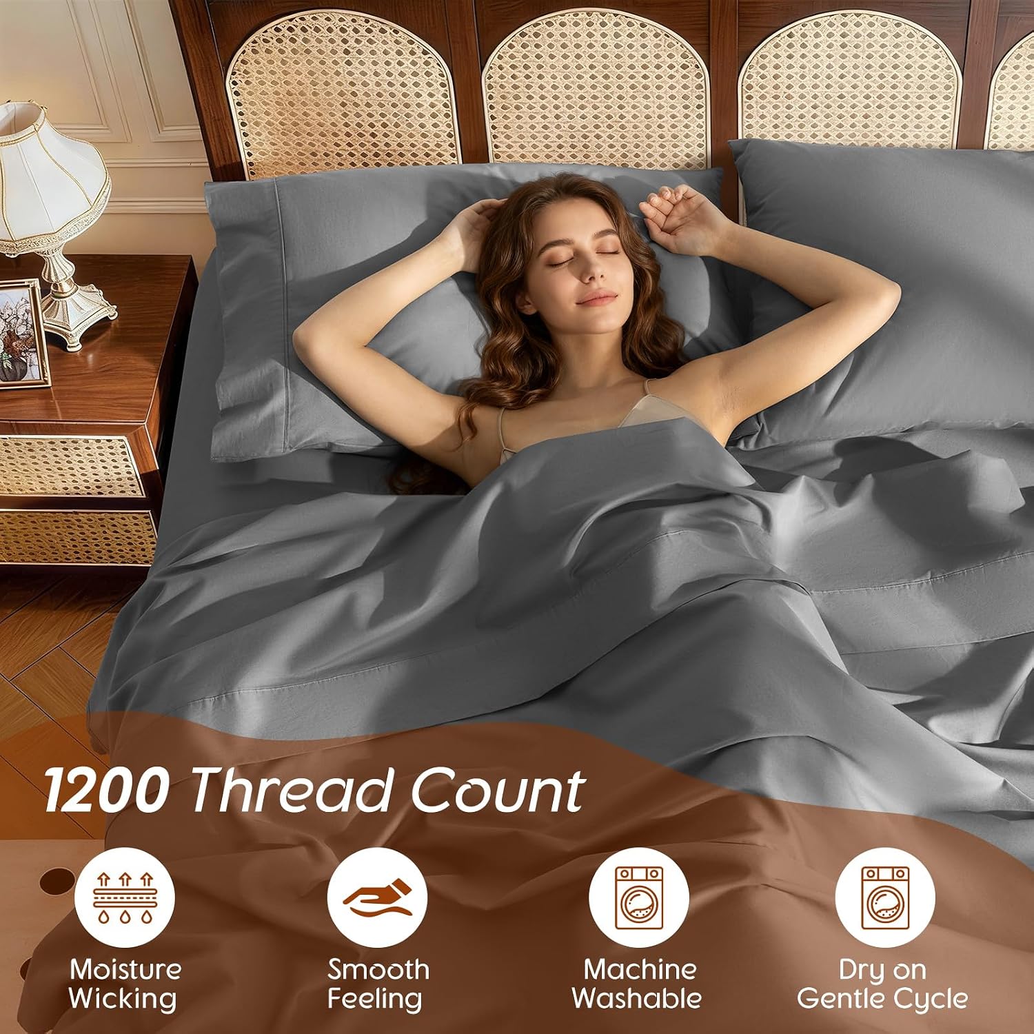1200 Thread 100% Egyptian Cotton Sheet Sets Queen Size 4 Pcs Bedding Set, Fitted Sheet Deep Pocket Up to 16' Soft Bed Sheet for All Season (Queen, Dark Gray)