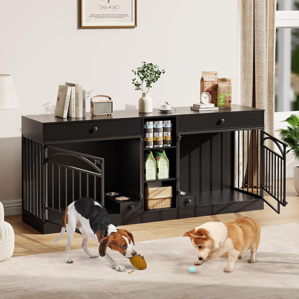 Garvee Dog Crate Furniture for 2 Dogs, Dog Kennel Indoor with Storage and Feeding Bowls, Double Dog Crate TV Stand for Small Medium Dogs, Black