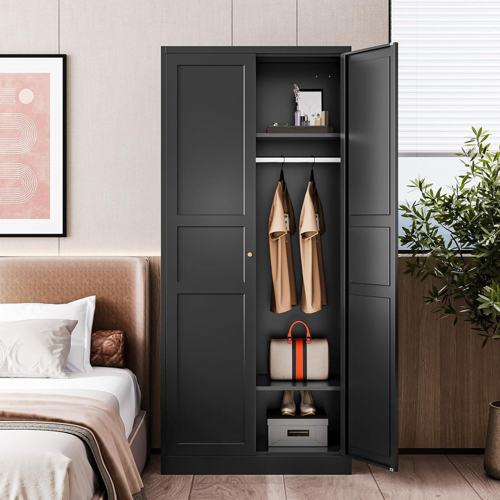 Letaya Wardrobe Armoire Closet,72' H Metal Storage Cabinet with Adjustable Shelves and Hanging Rod,Bedroom Armoire Cabinet Clothes Organizer (Black)