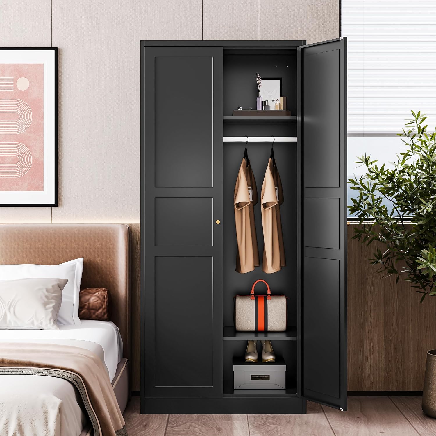 Letaya Wardrobe Armoire Closet,72' H Metal Storage Cabinet with Adjustable Shelves and Hanging Rod,Bedroom Armoire Cabinet Clothes Organizer (Black)