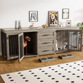 Rophefx 94.5' Dog Crate Furniture for 2 Dogs, Large Dog Kennel Furniture with 3 Storage Drawer, Wooden Dog Cage with 4 Bowls, Indoor Dog House TV Stand with Locks for Large Medium Dog, Grey