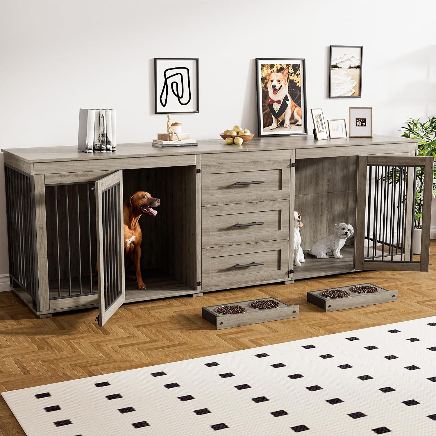 Rophefx 94.5' Dog Crate Furniture for 2 Dogs, Large Dog Kennel Furniture with 3 Storage Drawer, Wooden Dog Cage with 4 Bowls, Indoor Dog House TV Stand with Locks for Large Medium Dog, Grey