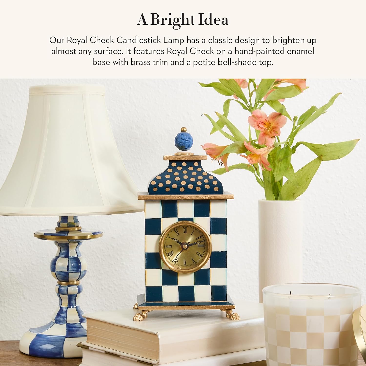 MACKENZIE-CHILDS Candlestick Lamp, Decorative Lamp for Living Room or Bedroom, Blue-and-White Royal Check