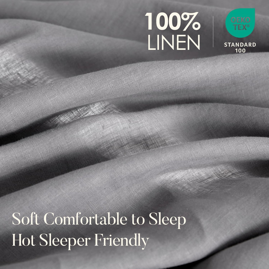 DAPU Pure Linen Sheets Set, 100% French Linen from Normandy, Breathable and Durable for Hot Sleepers, 4 Pcs Set - 1 Flat Sheet, 1 Fitted Sheet, 2 Pillowcases (Earl Gray, Queen)