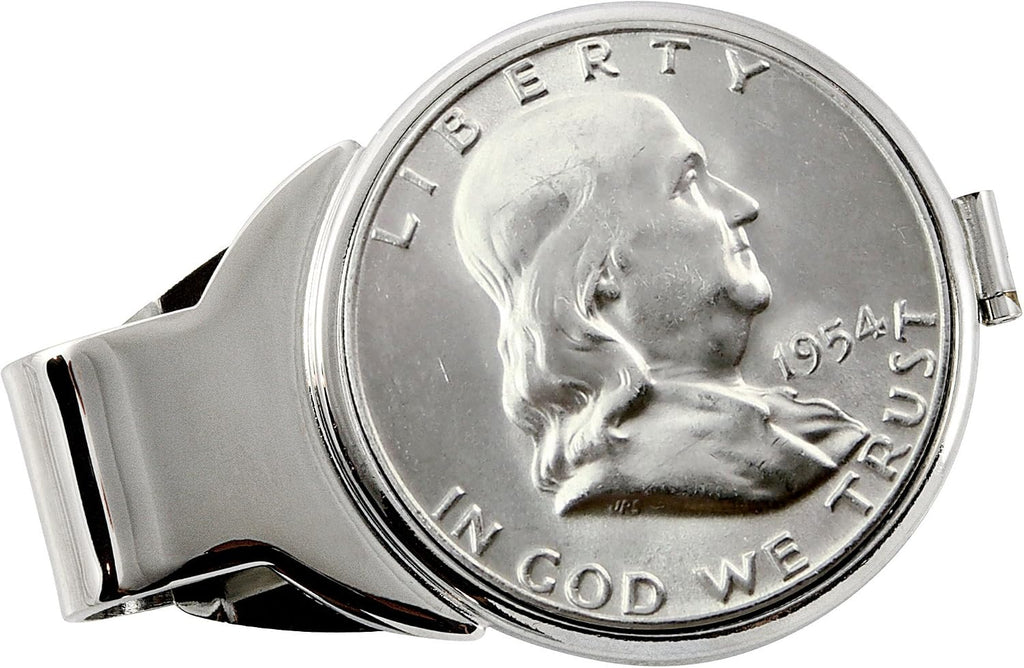 Coin Money Clip - Silver Franklin Half Dollar | Brass Moneyclip Layered in Silver-Tone Rhodium | Holds Currency, Credit Cards, Cash | Genuine U.S. Coin | Includes a Certificate of Authenticity
