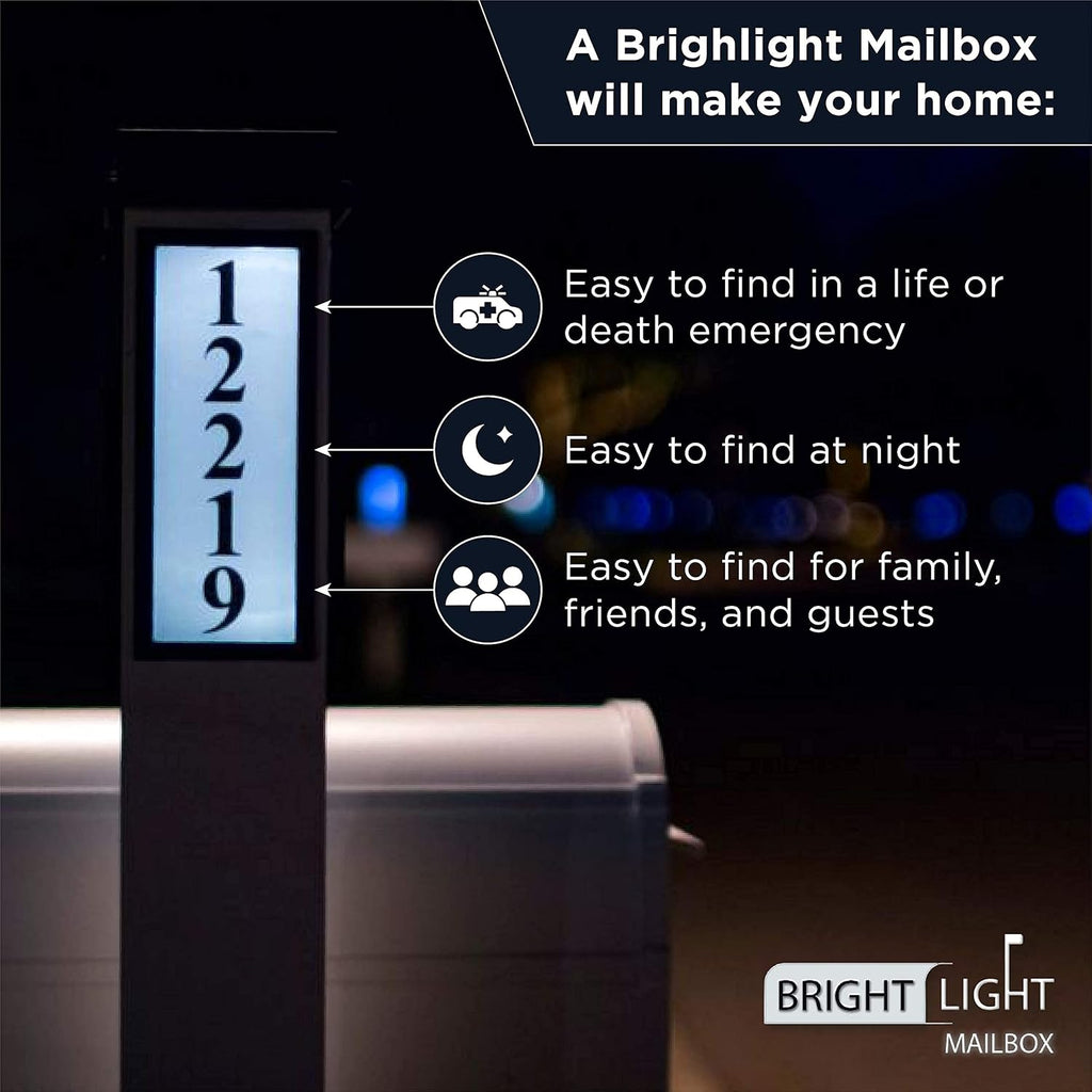 Brightlight Mailbox, Two Door Premium Aluminum Mailbox and Post with Solar Address Light, Illuminated House Numbers for Easy Navigation, Decorative Mailbox with Magnetic Door Latch (White)