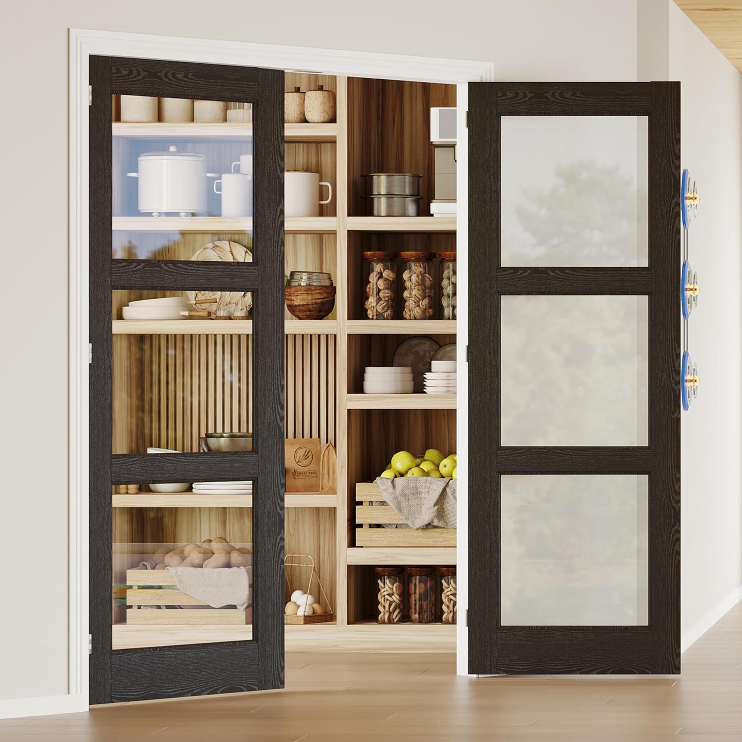 French Doors, 48' x 80', 3-Lite Clear Glass Black Pantry Door, Prehung Interior Door for Home and Laundry, Solid Core & MDF with Door Jamb & Hardware Kit - Easy to Install